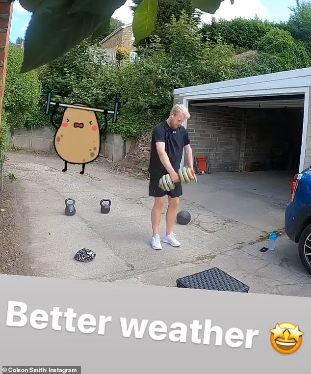Pumping iron: Dressed in a black T-shirt, matching shorts and white trainers, Coulson put himself through his paces as he did a circuit consisting of dumbbells, kettle bells and a medicine ball