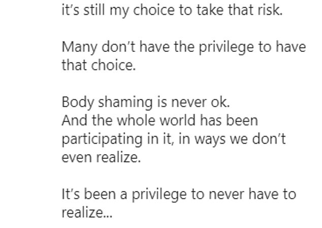 Campaigning against body shaming, Sarah took to her social media account on Sunday to share some of the 'hurtful' comments she's sent by trolls - such as, she's 'saggy or gross'. Pictured above is Sarah's post