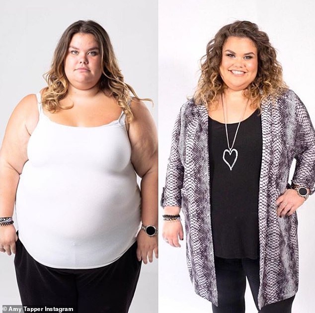 Weight loss: The former Gogglebox star, 20, has dropped to a dress size 20 and lost six inches off her waist (pictured before, left, and after, right)