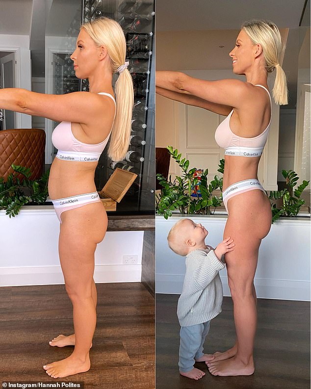'Remember that girl on the left? Eleven months postpartum, completely exhausted, living off toddler crusts, with motivation for anything other than parenting shattered, suffering from an identity crisis and always putting herself last?' She wrote, showing a before and after picture of her body