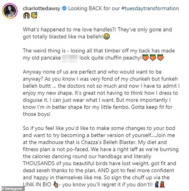 Elated: In the post's caption, Charlotte gushed that she would no longer have to try and 'disguise' her back with her clothes, while urging fans to try her fitness and diet plan